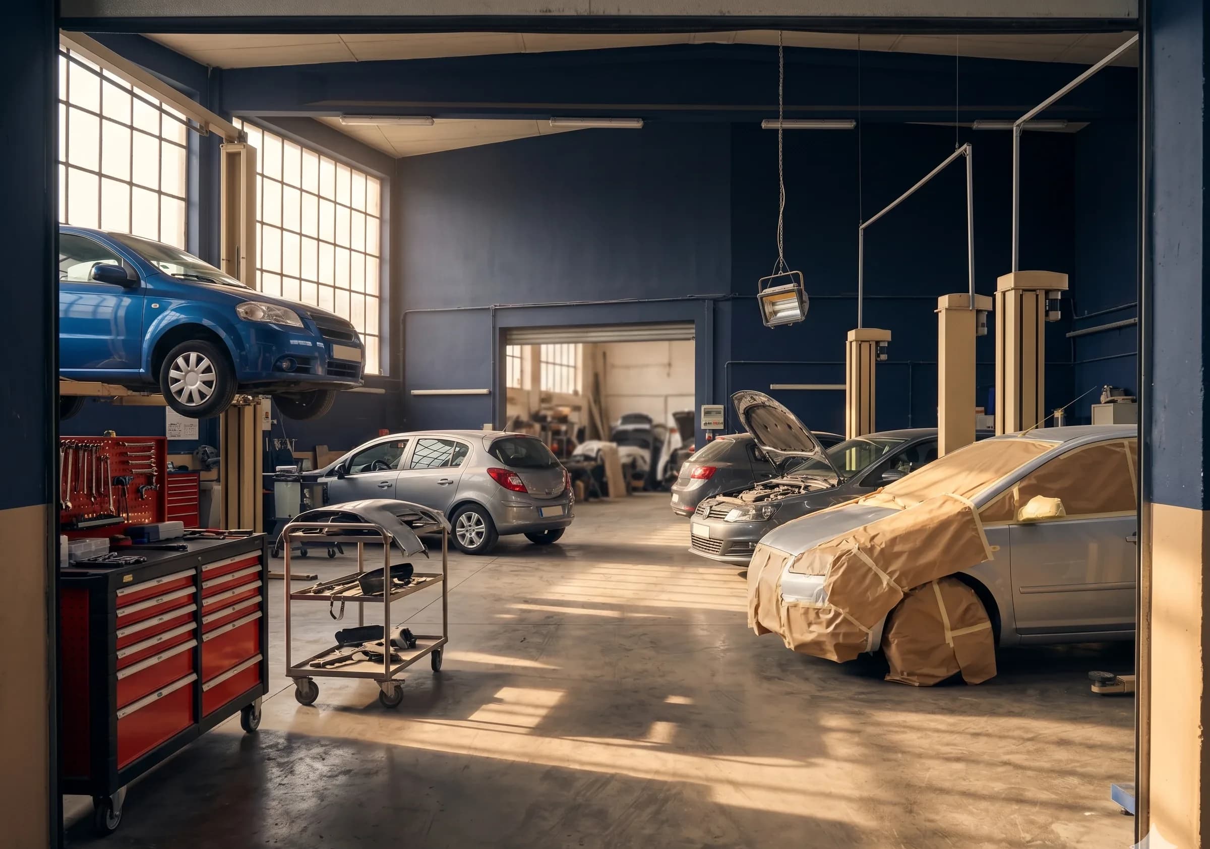 Atelier Autoomat avec véhicules en cours de réparation